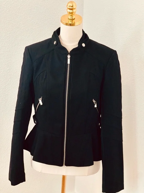 Blanc Noir Black Moto Jacket Peplum Zip Front Fitted Size M Chic - Picture 5 of 14